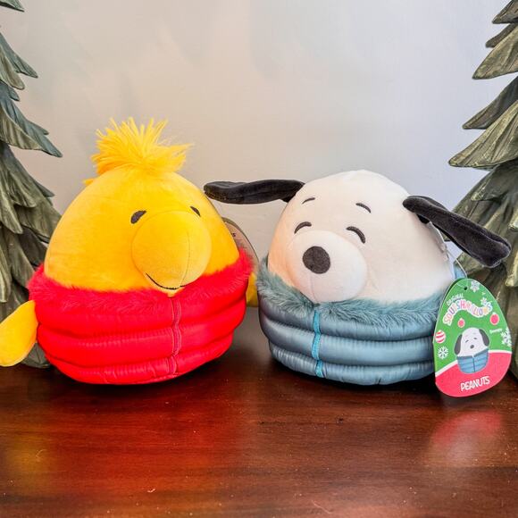 NWT-Holiday Peanuts Woodstock & Snoopy Plush Squishmallows Winter Puffer Jackets - Picture 1 of 16